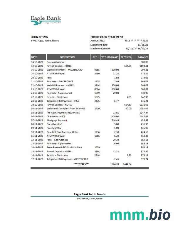 Szablon wyciągu bankowego Nauru Eagle w programie Word i PDF